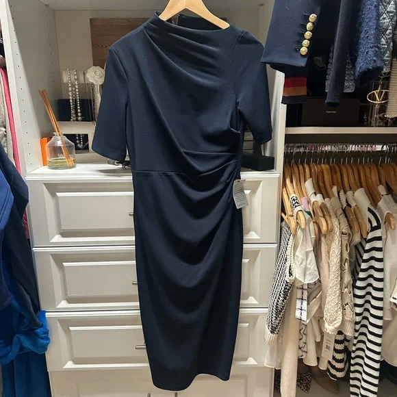 Maggy London asymmetrical neckline sheath midi dress in navy Maggy London asymmetrical neckline sheath midi dress in navy